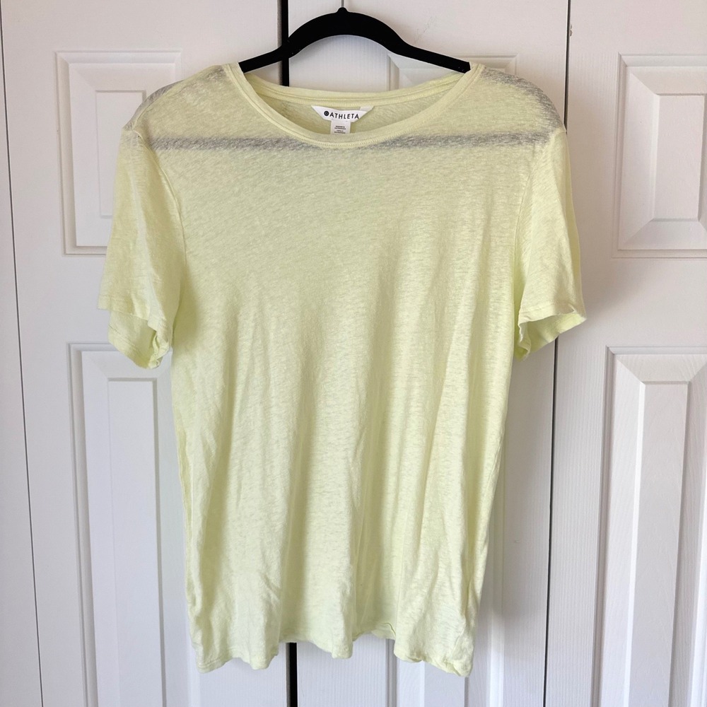 Athleta Women Medium Yellow Linen Tencel Blend Short Sleeve Tee Shirt Top